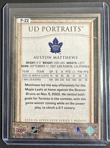 Auston Matthews 2023-24 UD S1 P-22 SNS Cards 