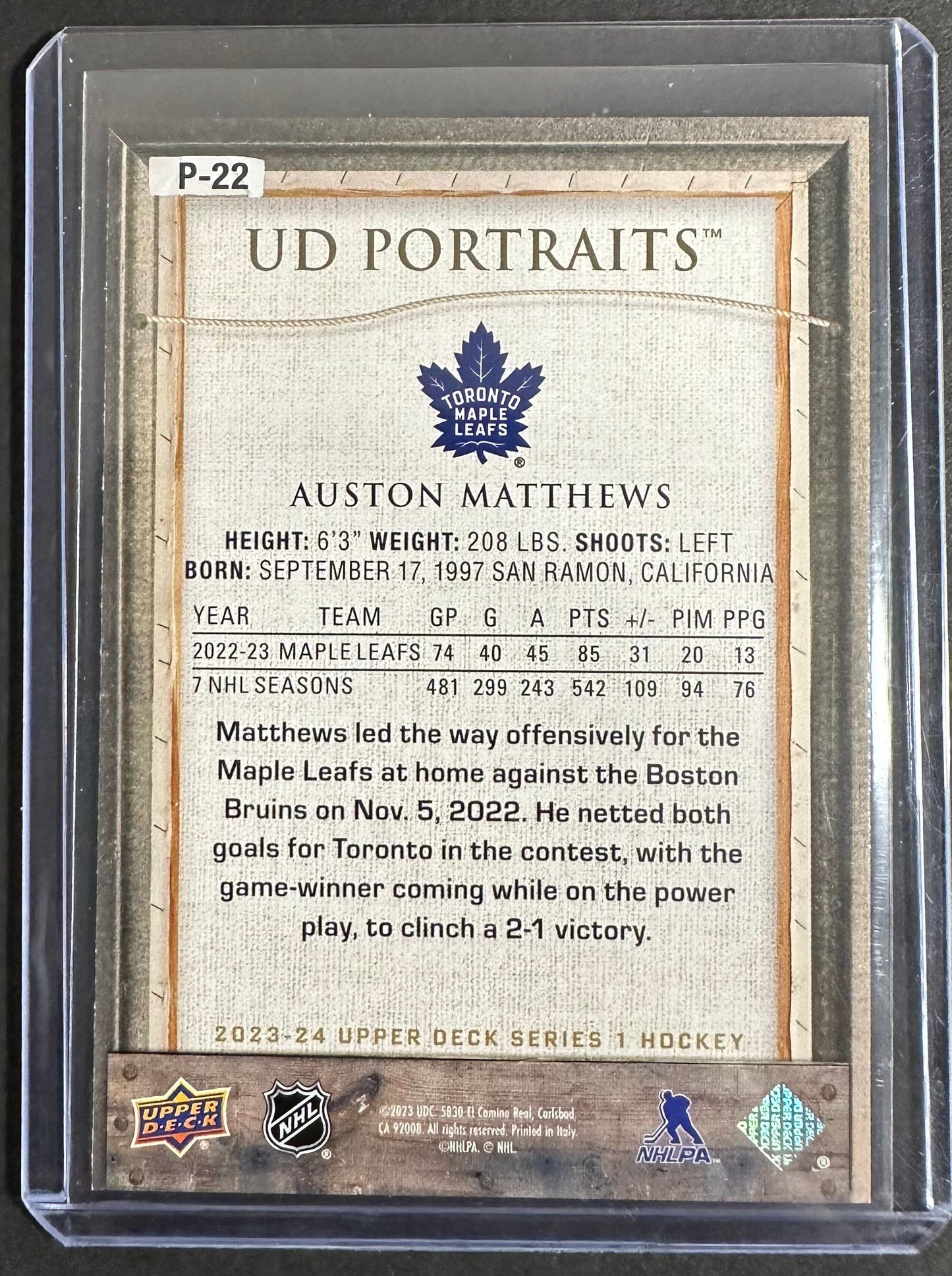 Auston Matthews 2023-24 UD S1 P-22 SNS Cards 