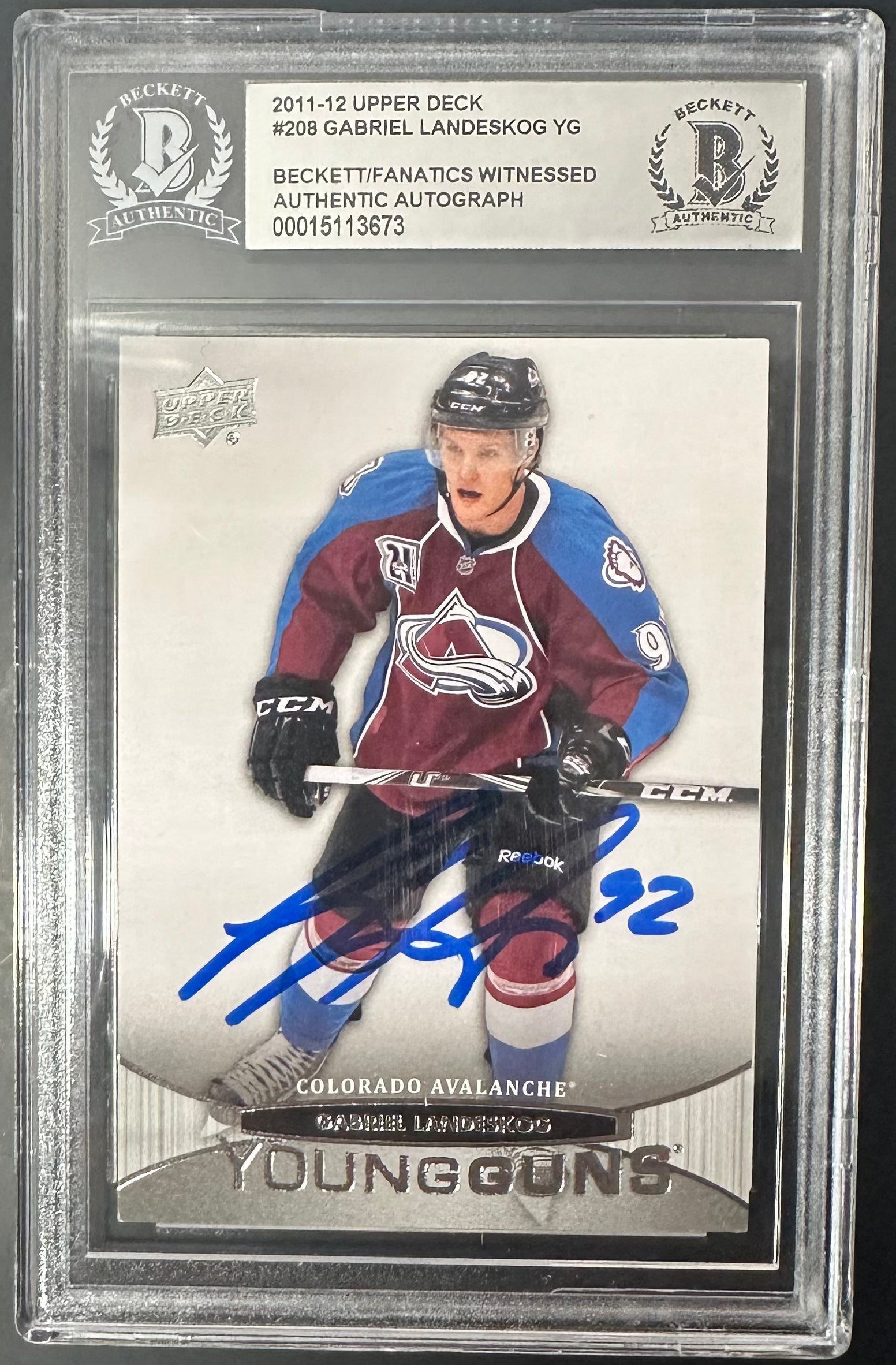 Gabriel Landeskog Colorado Avalanche Autographed 2011-12 Upper Deck Young Guns #208 Beckett Fanatics Witnessed Authenticated Rookie Card SNS Cards 