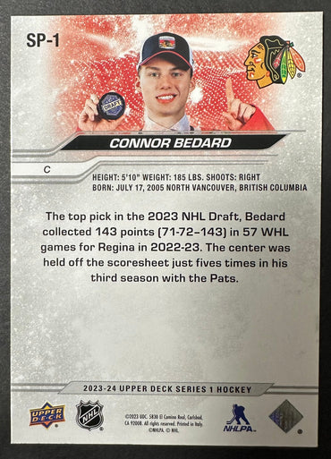 Connor Bedard 2023-2024 Upper Deck S1 SP-1 Chicago Blackhawks Rookie SNS Cards 