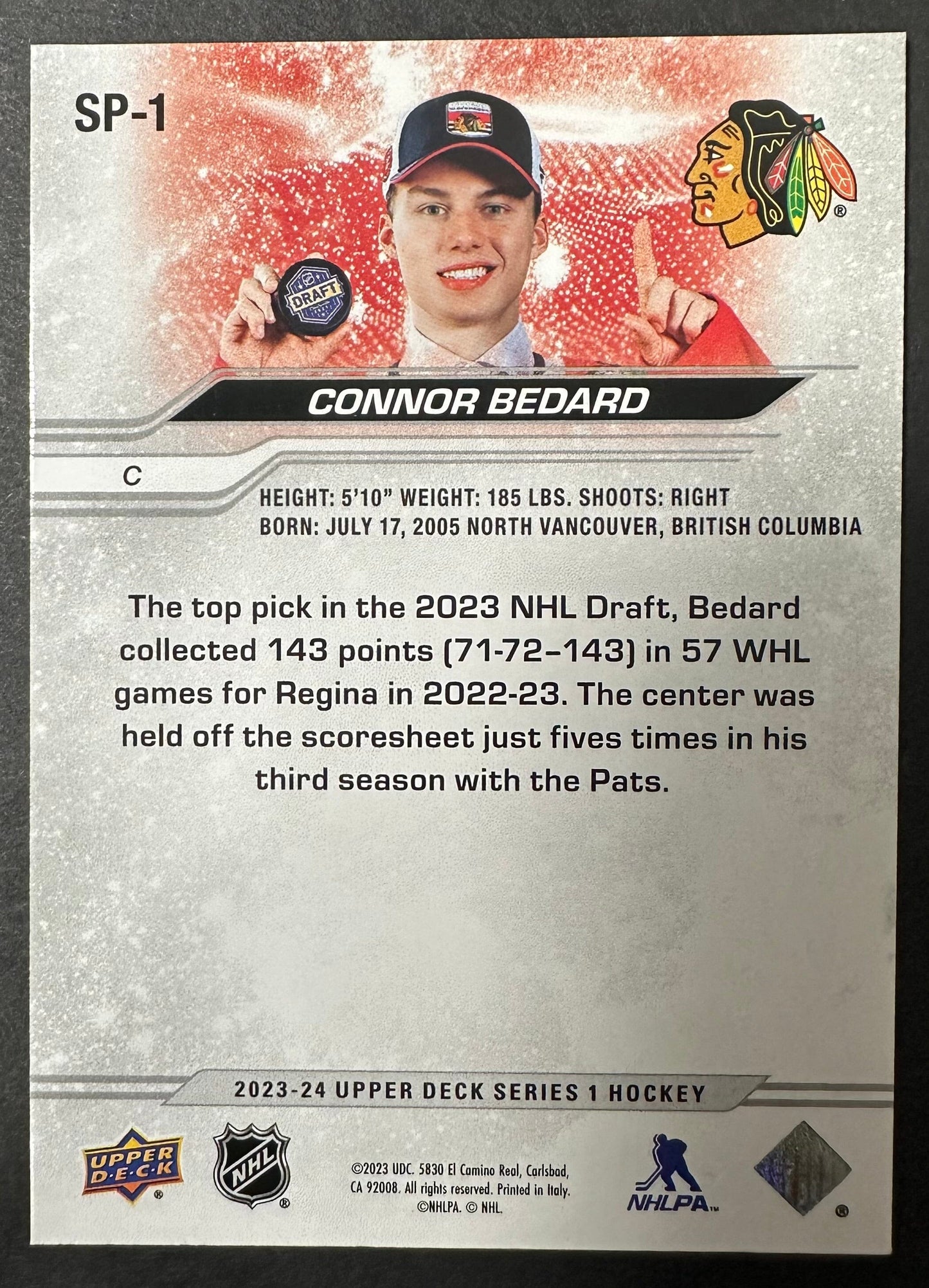 Connor Bedard 2023-2024 Upper Deck S1 SP-1 Chicago Blackhawks Rookie SNS Cards 