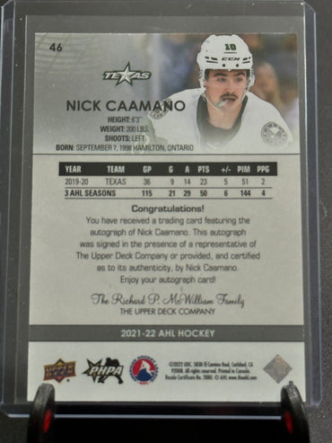 2021-2022 Upper Deck AHL Autographs #46 Nick Caamano Shootnscore.com 