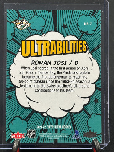 Roman Josi ULTRABILITIES 2021-22 Fleer Ultra NHL Hockey Card #UB-7 Shootnscore.com 