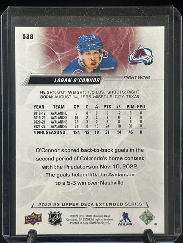 2022-23 UD Extended Series Base #538 Logan O'Connor - Colorado Avalanche Shootnscore.com 