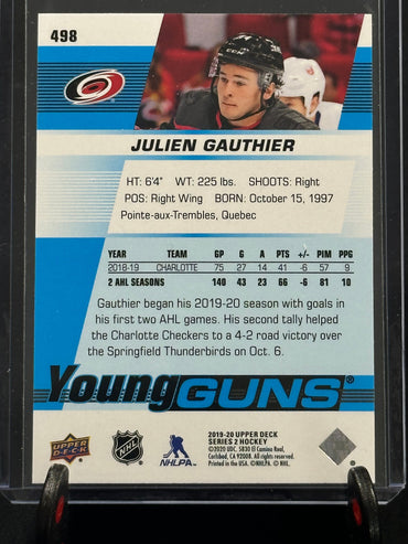 2019 - 2020 Upper Deck Young Guns Julien Gauthier #498 Shootnscore.com 